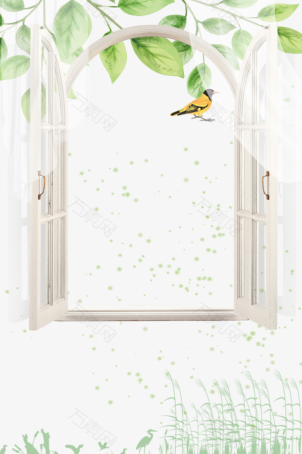 立春纱窗绿意背景与边框设计
