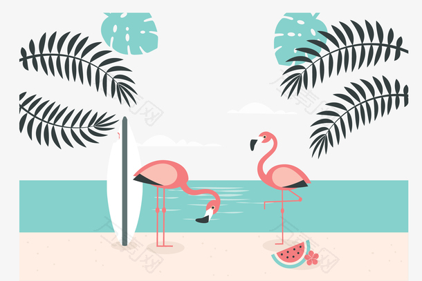夏季海滩粉色火烈鸟