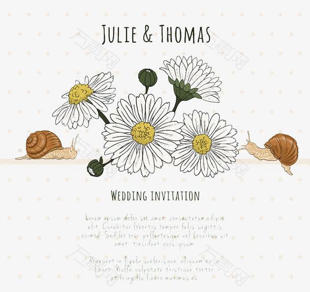 手绘菊花和蜗牛婚礼海报矢量图