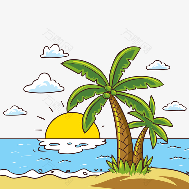 彩绘棕榈树大海风景矢量