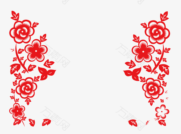 红色花卉剪纸矢量图
