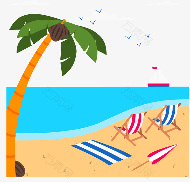 夏天阳光海滩休闲躺椅椰树矢量素