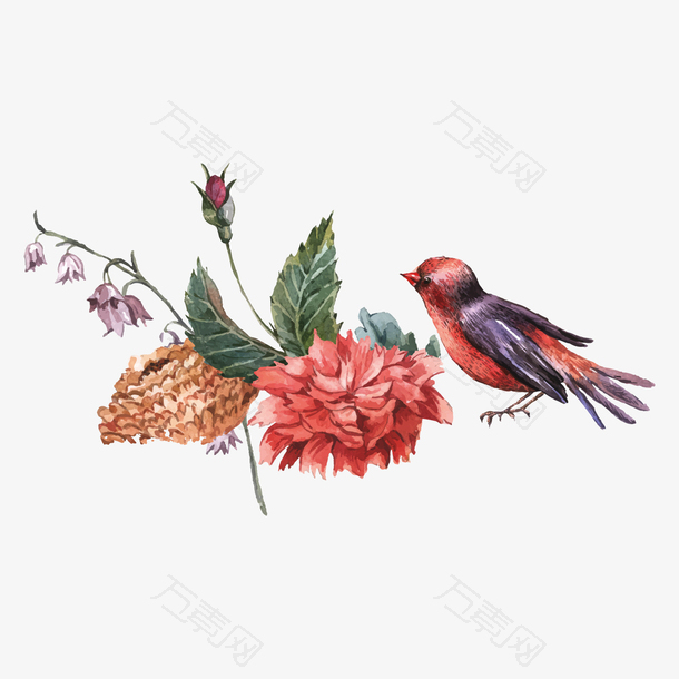 母亲节水彩手绘花朵装饰和小鸟矢