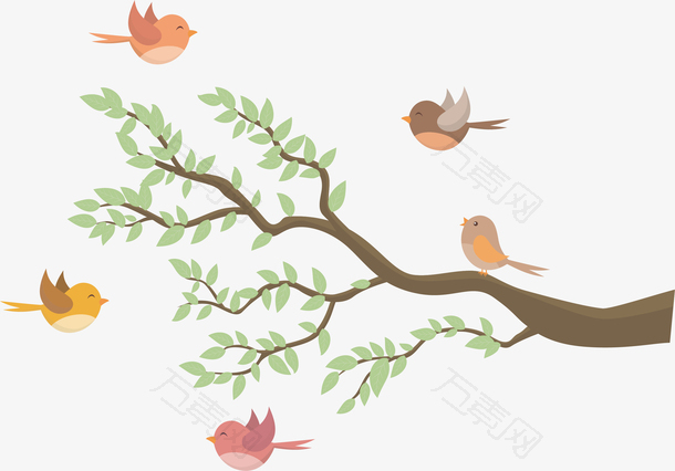 春天树枝上的彩色小鸟