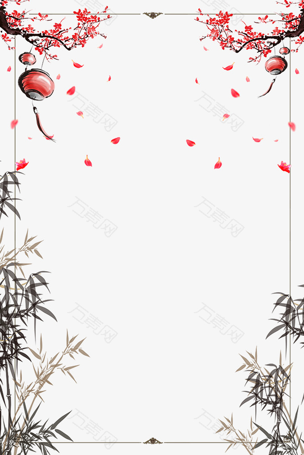 新年梅花灯笼与竹子边框设计
