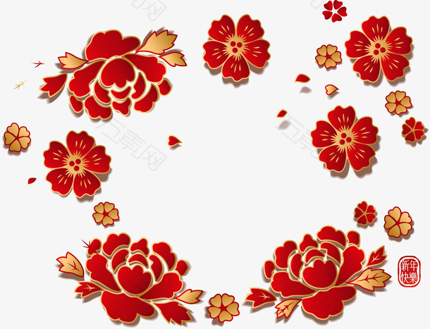 矢量手绘装饰中国风鲜花花环