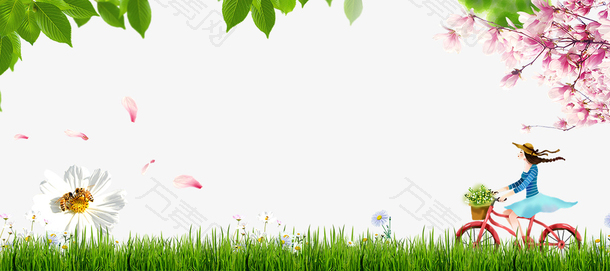 免抠卡通手绘春季绿色草地上骑车