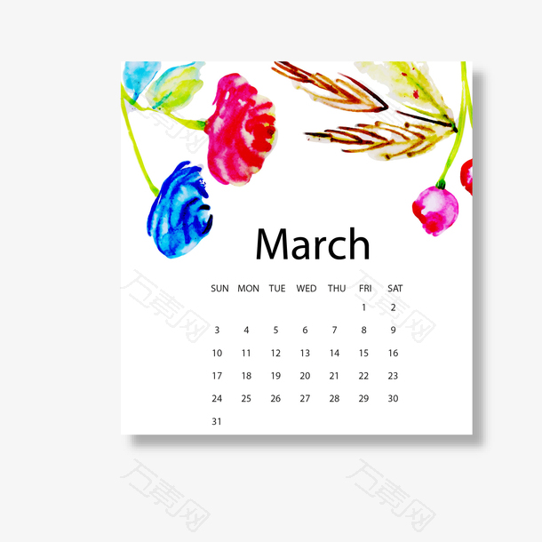 红白色2019年3月花朵日历