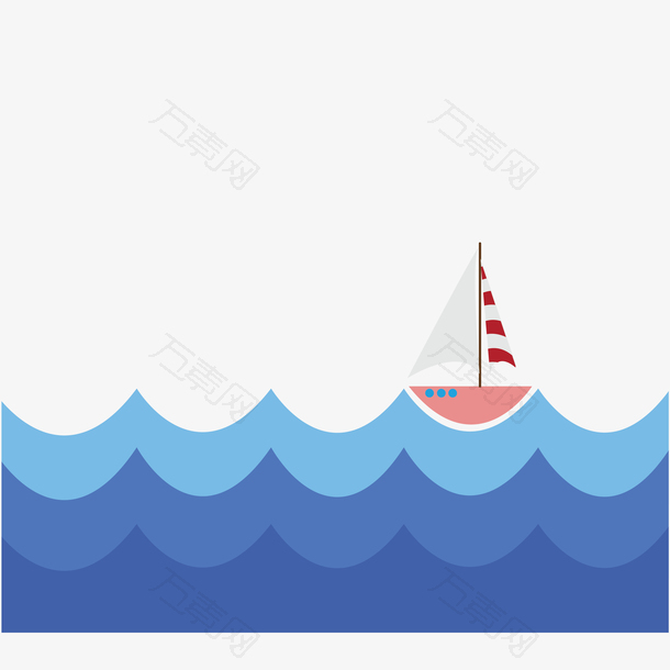 一艘帆船在独自航行的蓝色扁平化