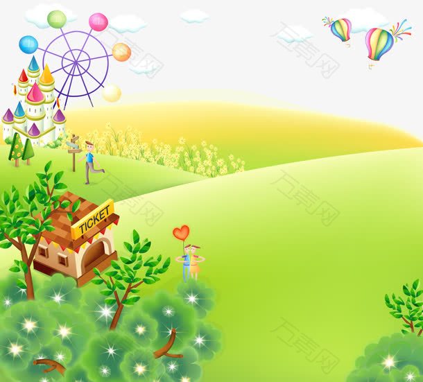 卡通手绘风景草地房子城堡氢气球