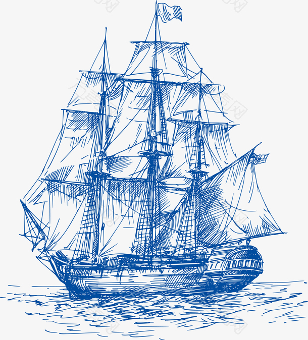 航行的帆船简笔画矢量图