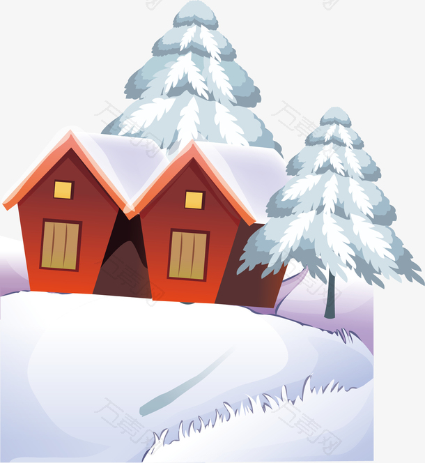 房屋树木矢量冰雪游素材