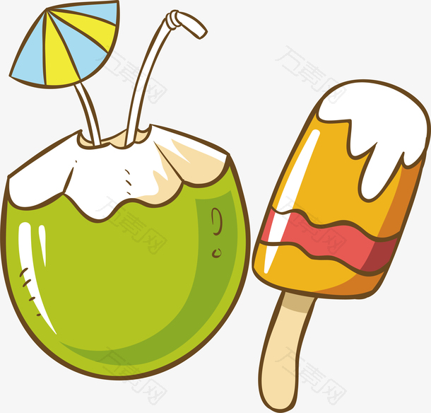 椰子冰糕彩色夏季沙滩度假元素