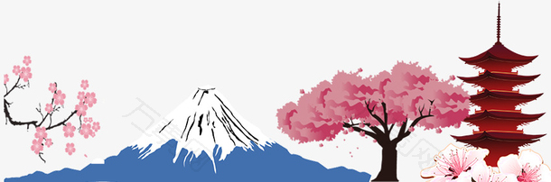 卡通手绘日本富士山旅行
