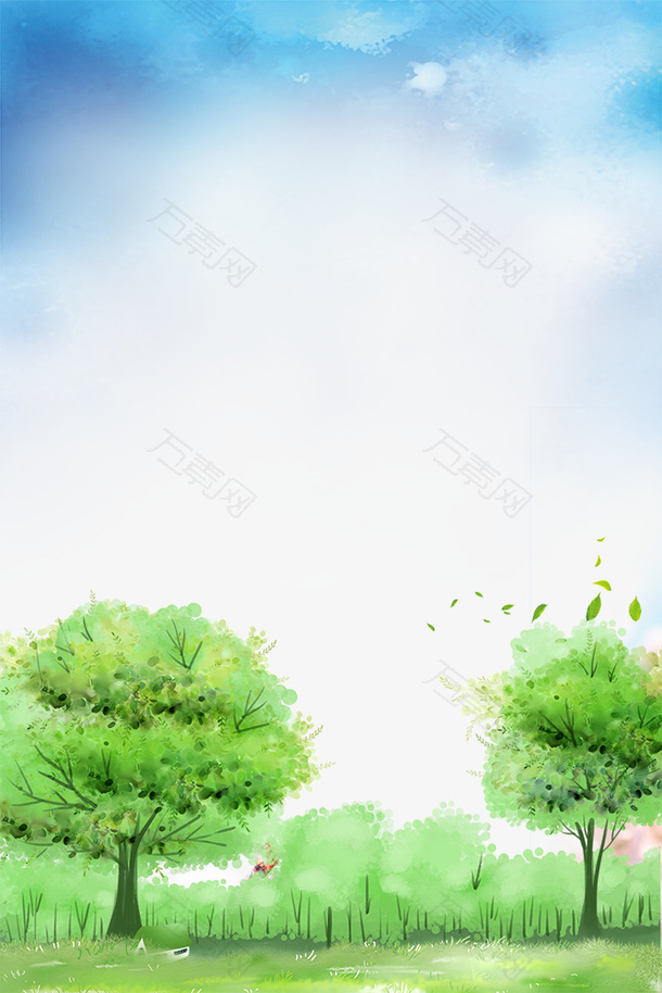 春季手绘树木与蓝天装饰边框