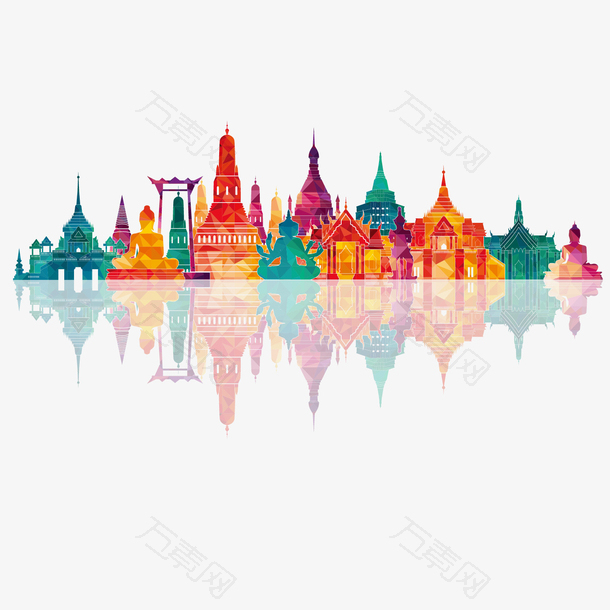 彩色泰国建筑群手绘