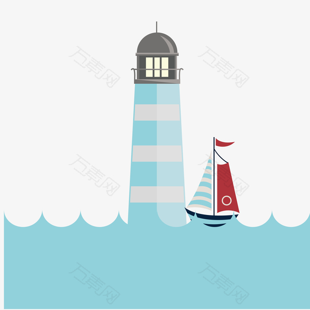 帆船停泊在灯塔旁边的蓝色扁平化