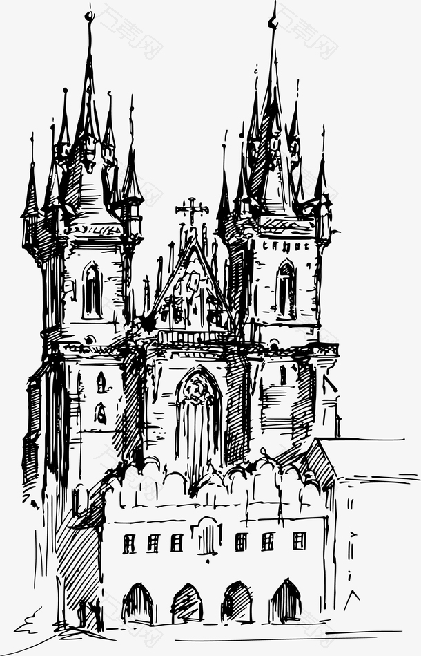 手绘速写城市教堂插图