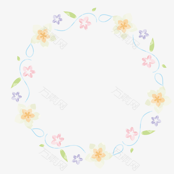 水彩手绘植物叶子花朵圆形边框