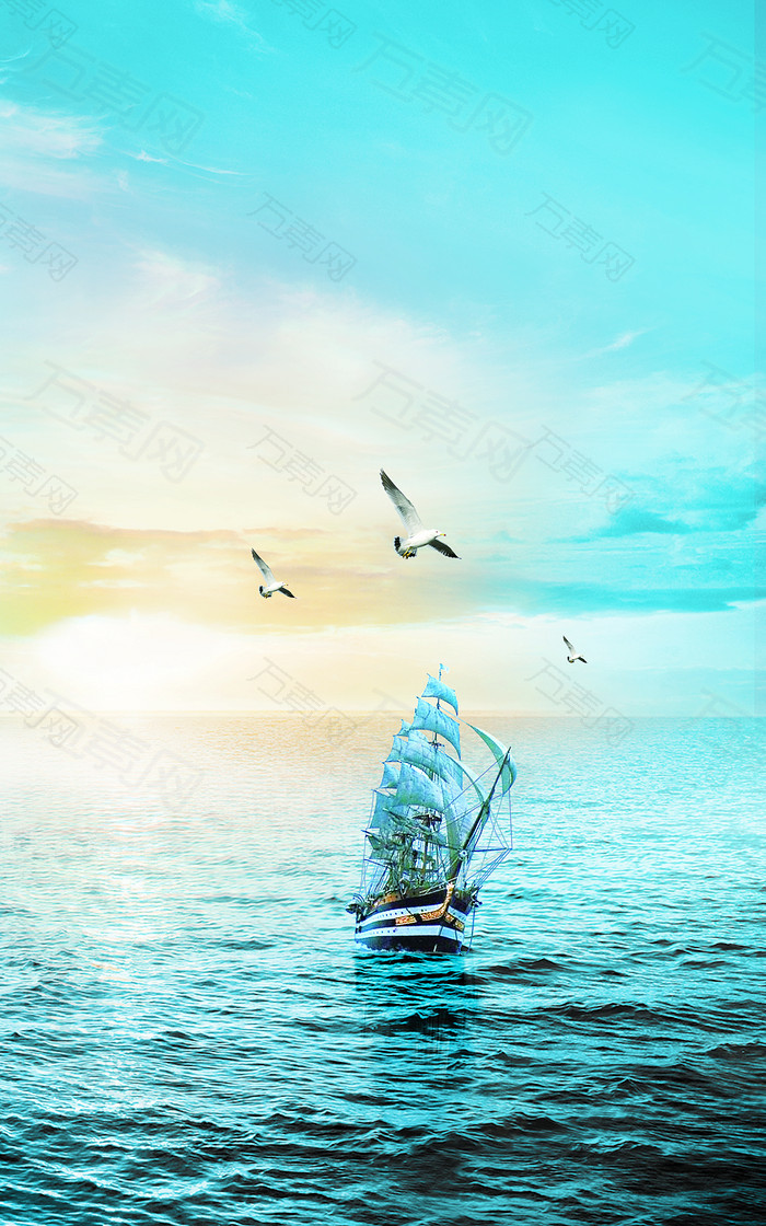 蓝色大海帆船海鸥背景图