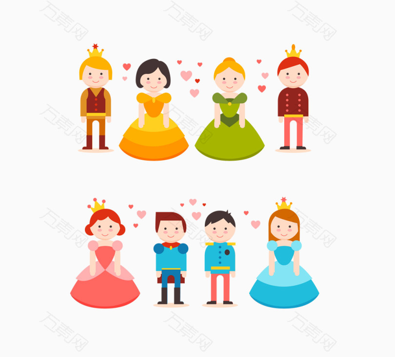 矢量彩色整套公主王子卡通小人
