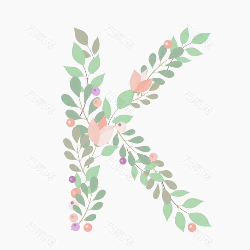 植物绿叶花朵字母K