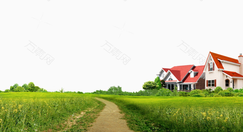 红房屋稻田背景