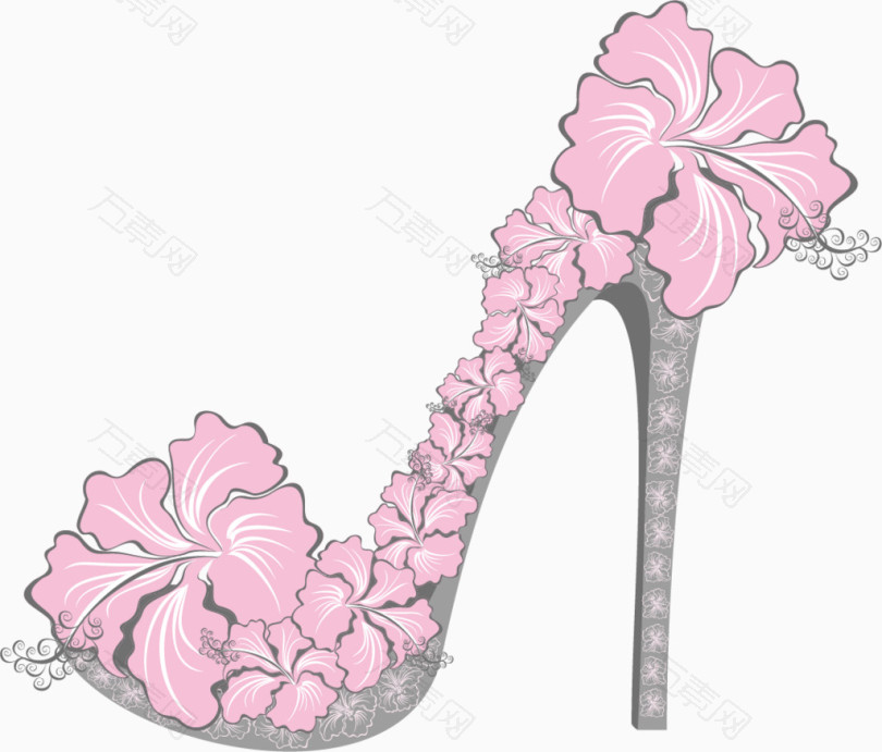 卡通手绘粉色花朵高跟鞋