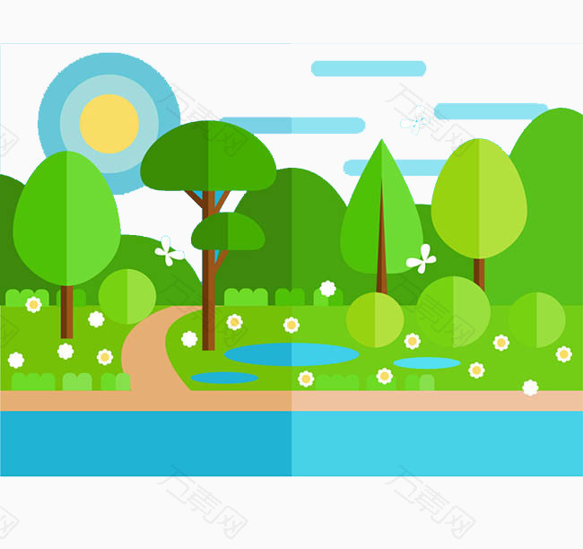 卡通绿色树林蓝色湖面素材