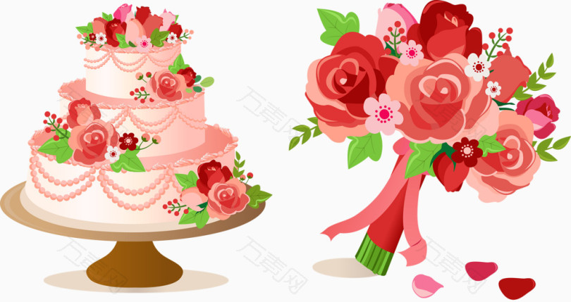 手绘花朵蛋糕和手捧花