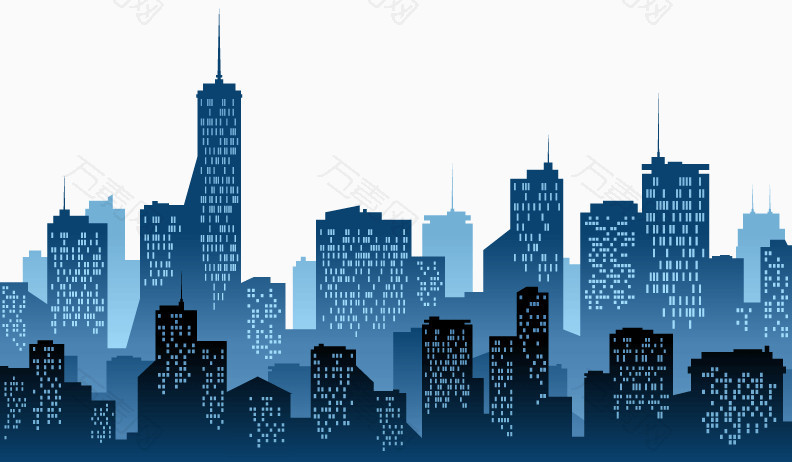 三层蓝色都市建筑剪影矢量素材