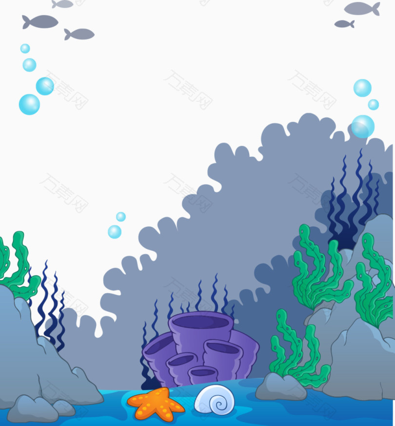 卡通手绘海底世界海草植物石头