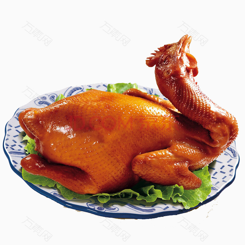 青花瓷盘子上的烧鸡