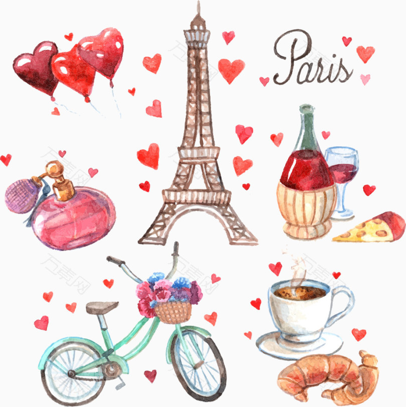 矢量手绘彩色巴黎铁塔与自行车