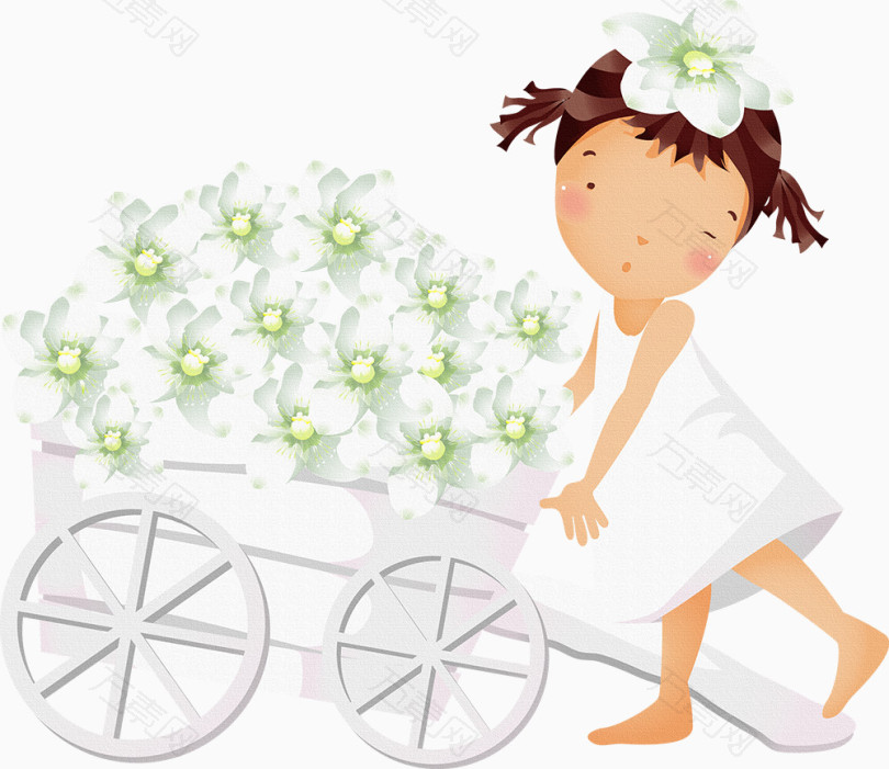 女孩人物花朵白色花朵小车
