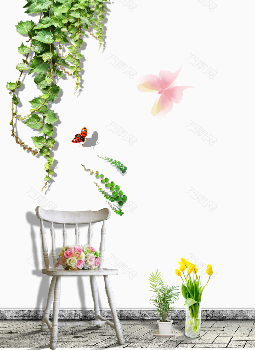 清新风卡通后院爬山虎椅子蝴蝶图案