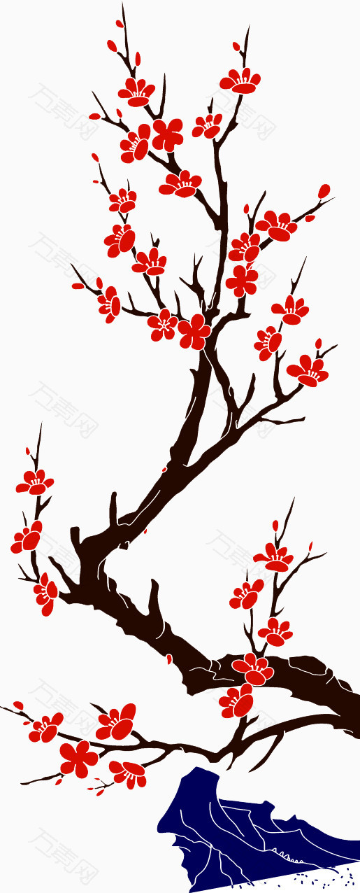 大红色手绘梅花树枝素材