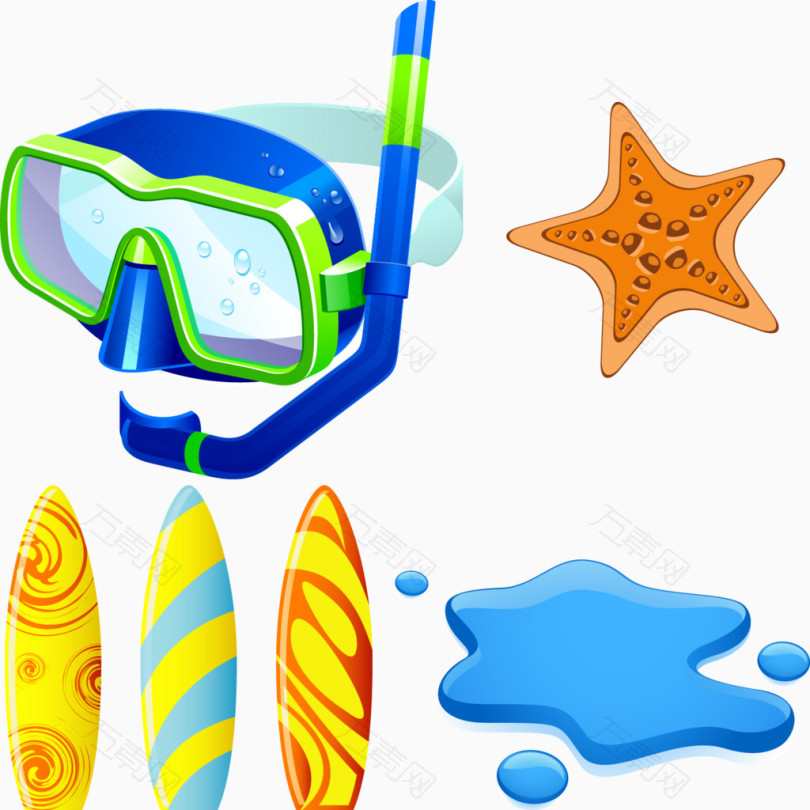 潜水镜海星冲浪板卡通手绘装饰元素