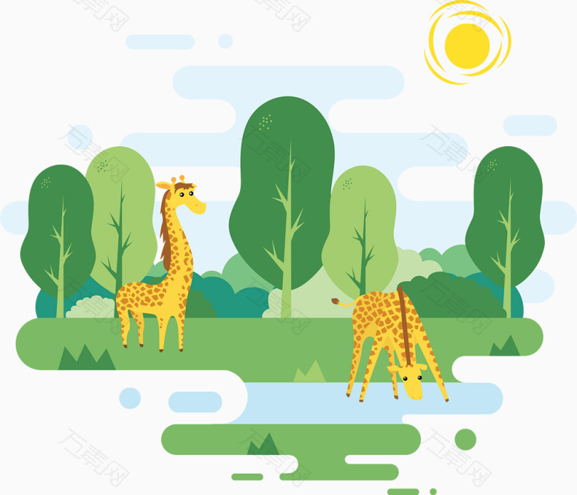 绿野湖边长颈鹿矢量图