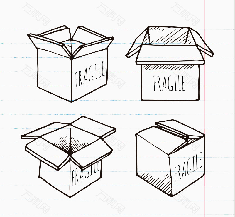 4款手绘易碎品包装纸箱矢量素材