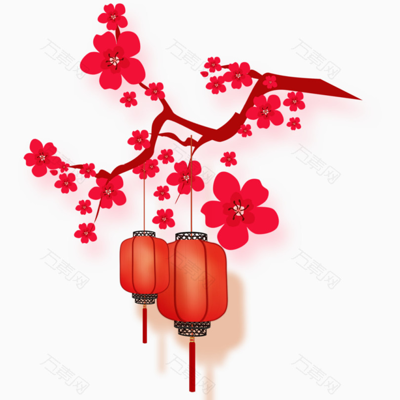 红色中国风灯笼与树枝素材