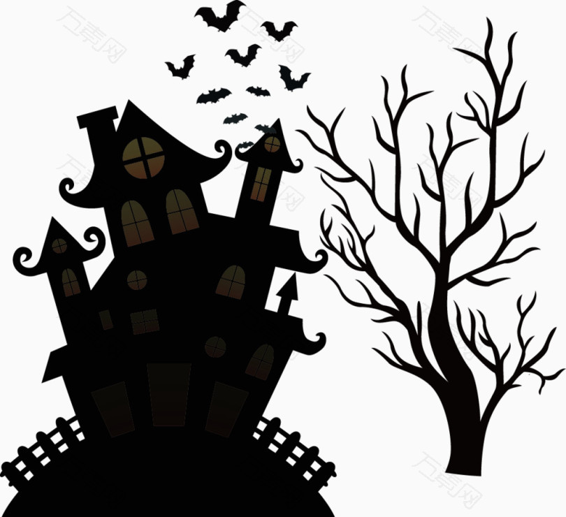 万圣节城堡树蝙蝠卡通手绘装饰元素