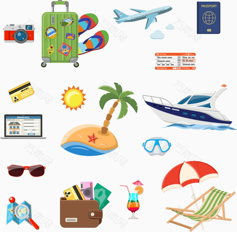 旅行出国签证飞机机场护照阳光船轮船沙滩卡