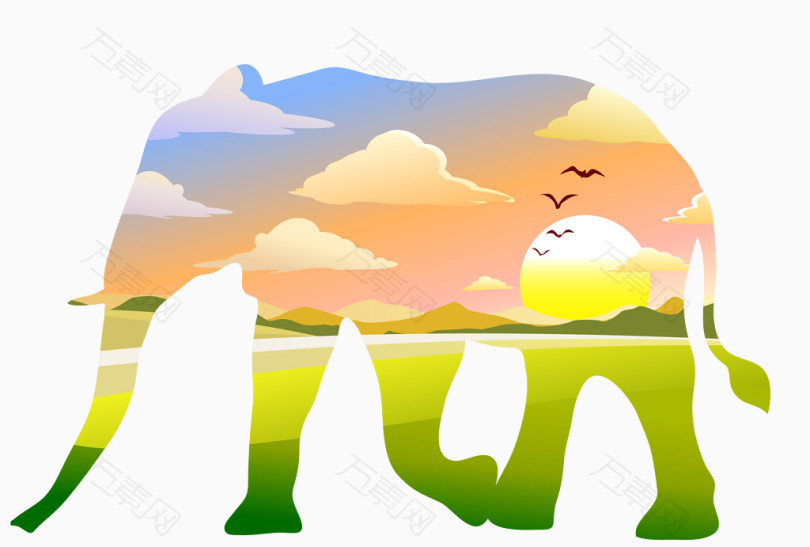 大象图形草原落日背景矢量图