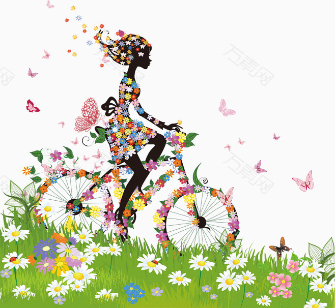 春天骑单车美女剪影手绘水彩