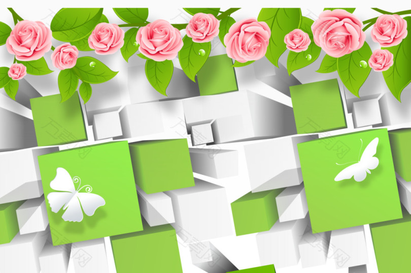 绿色玫瑰花方格子素材背景