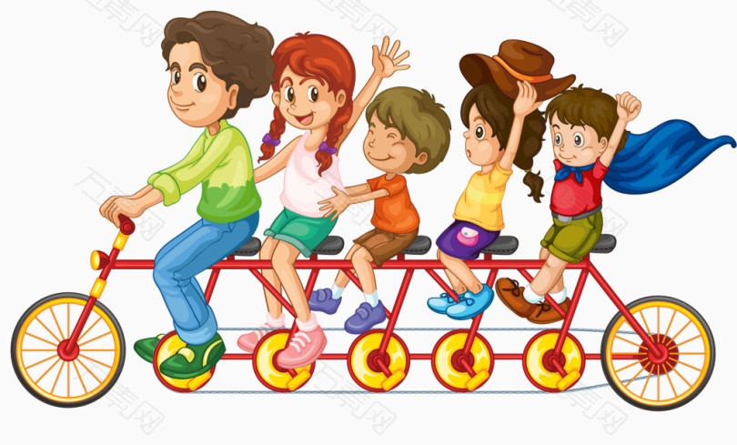 卡通手绘一起骑多人自行车的儿童