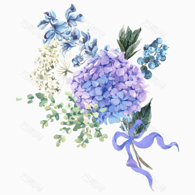 手绘水彩紫色绣球花