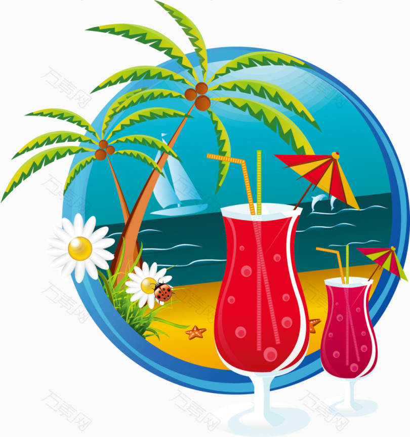 果汁海滩卡通手绘装饰元素