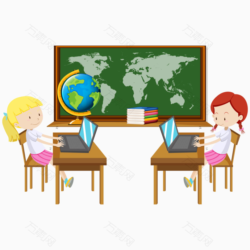 矢量女孩在电脑教室上课